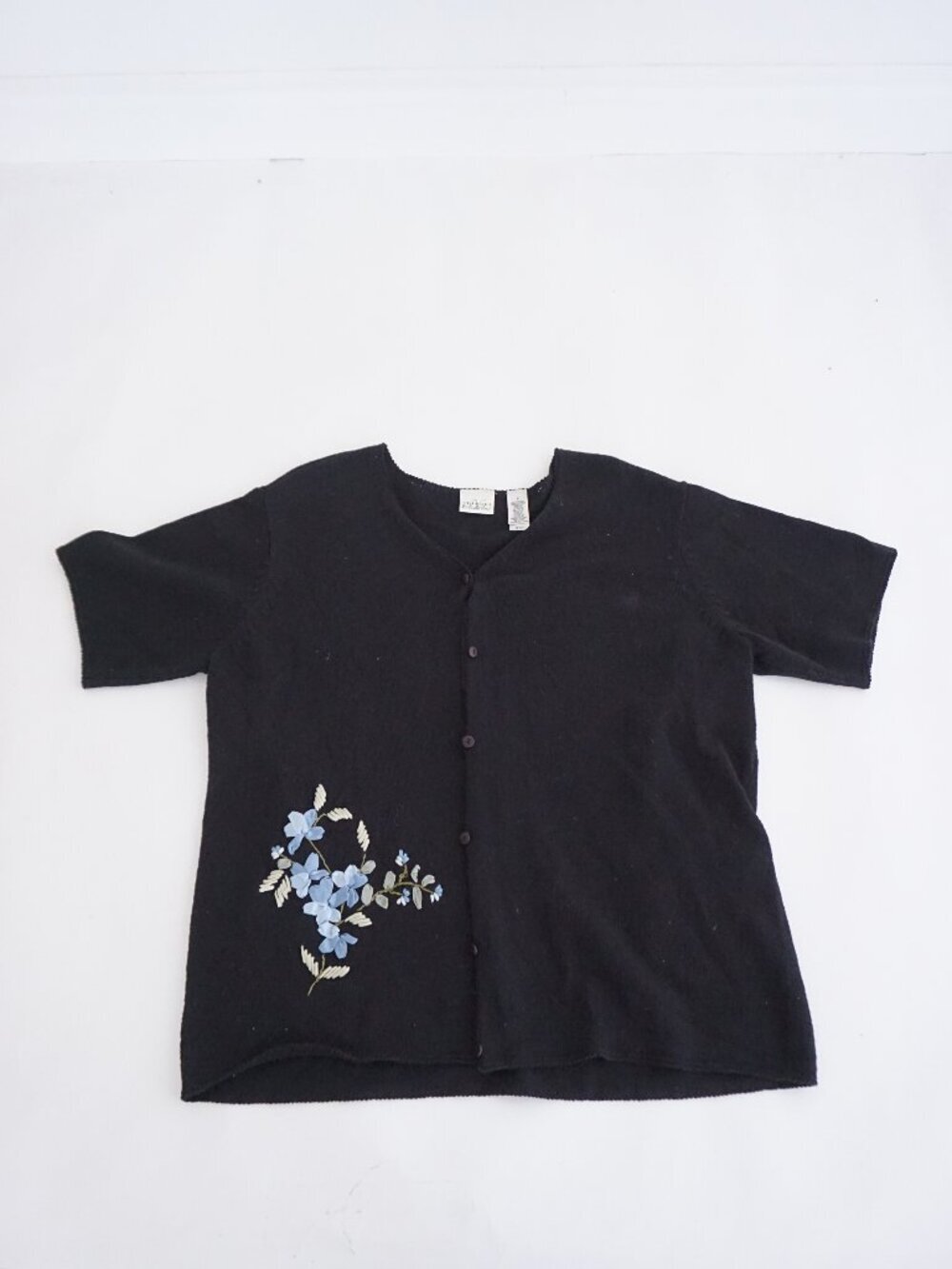 Vintage Villager Black Floral Embroidered Knit Button Flower Cardigan Cottage 1X
